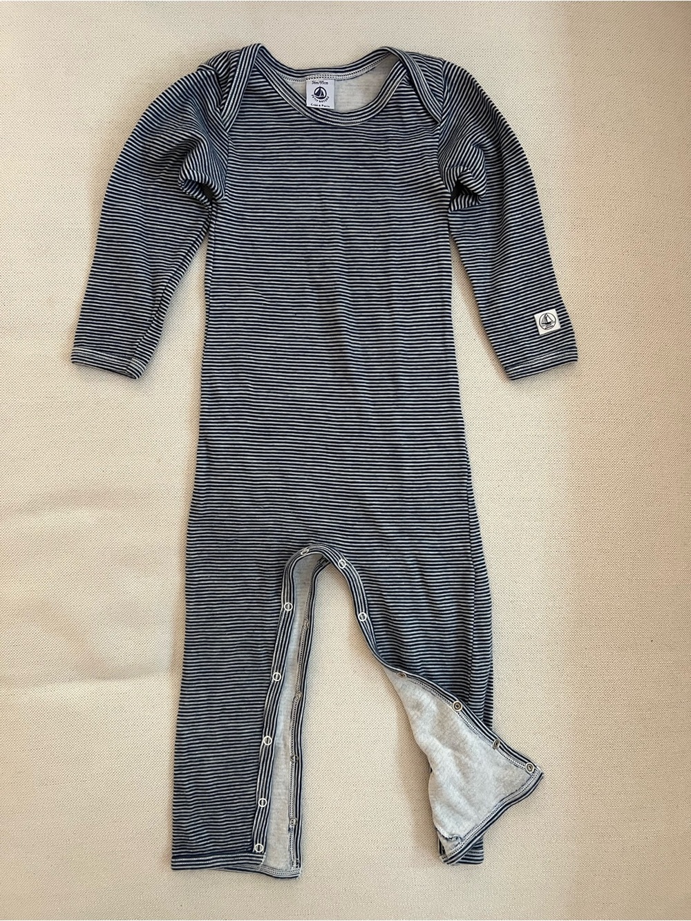 Petit Bateau Navy and White Striped Long-Sleeve One-Piece Onesie 36M/95cm
